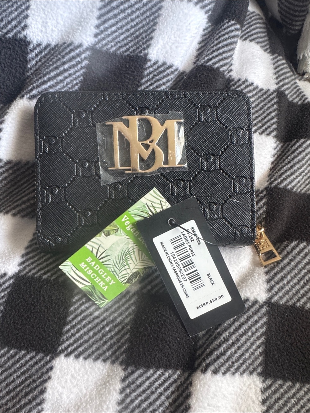 Badgley Mischka Black Embossed Zip Wallet with Gold Logo NWT